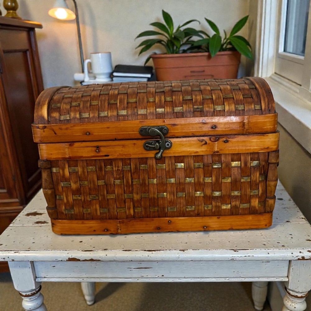 Vintage Woven Rattan Bamboo And Wood Treasure Chest Aged Brass Closure